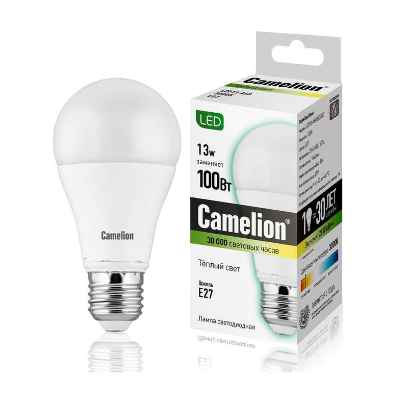 картинка Лампа светодиодная LED13-A60/830/E27 13Вт грушевидная 3000К тепл. бел. E27 1045лм 220-240В Camelion 12045 от магазина ПСФ Электро