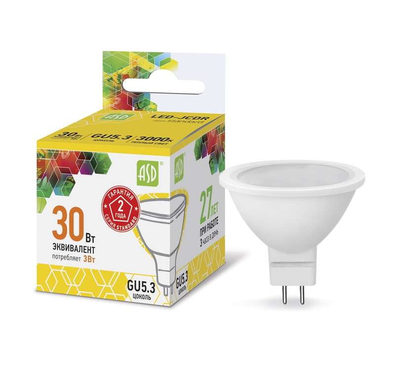 картинка Лампа светодиодная LED-JCDR-standard 3Вт 3000К тепл. бел. GU5.3 270лм 160-260В ASD 4690612002248 от магазина ПСФ Электро