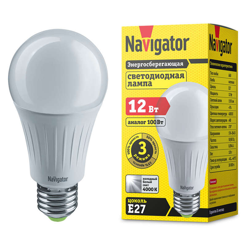 картинка Лампа светодиодная 61 627 NLL-A60-12-230-4K-E27-3STEPDIMM грушевидная Navigator 20971 от магазина ПСФ Электро