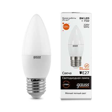 картинка Лампа светодиодная LED Elementary Candle E27 8Вт 2700К Gauss 33218 от магазина ПСФ Электро