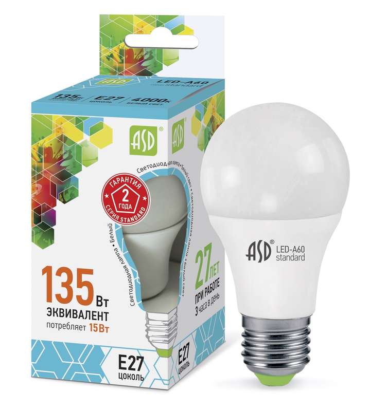 картинка Лампа светодиодная LED-A60-standard 15Вт грушевидная 4000К белый E27 1350лм 160-260В ASD 4690612002101 от магазина ПСФ Электро